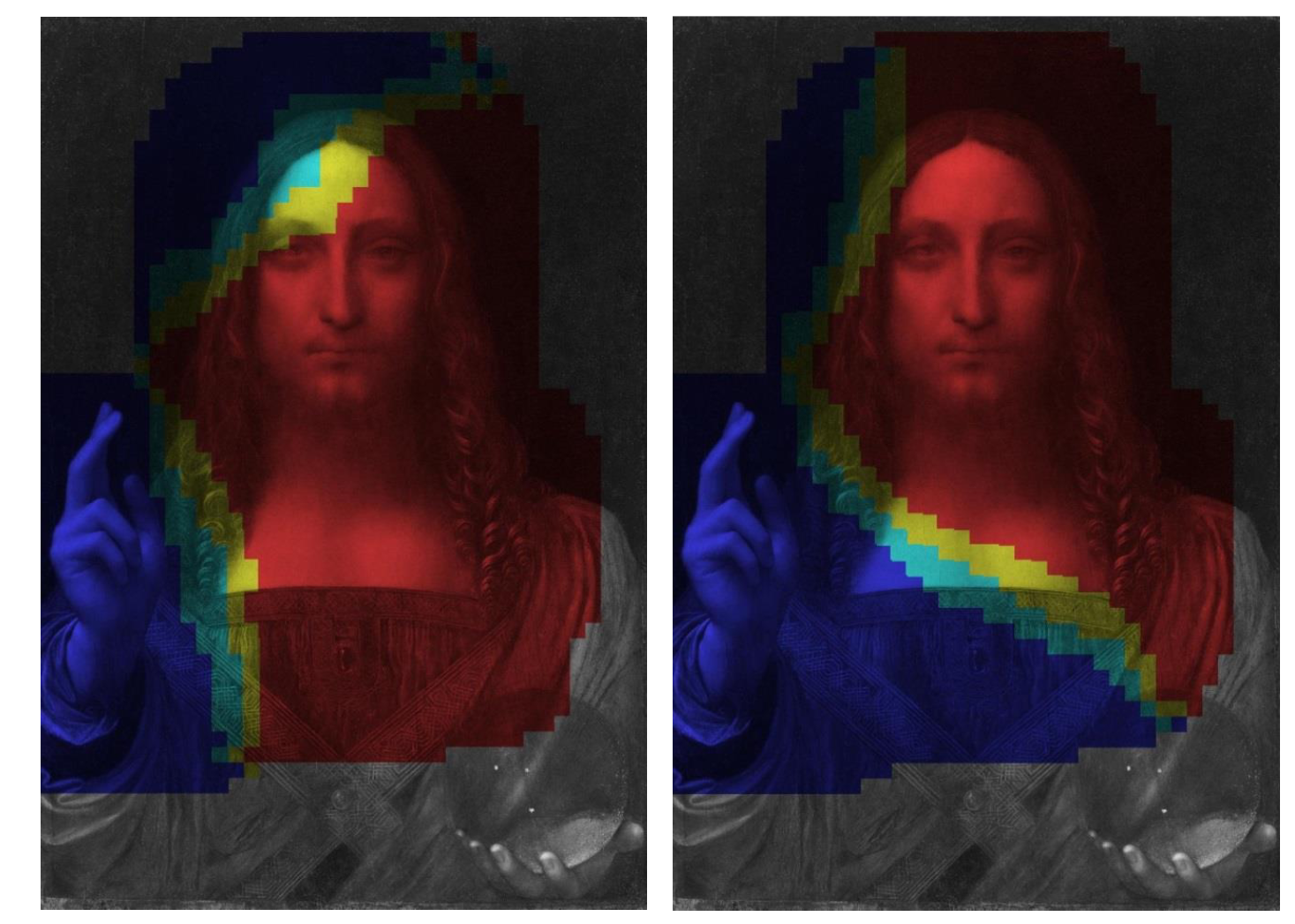 Fig.2: Probability maps for Salvator Mundi. The maps color-code the probabilities assigned to the examined regions of an image at a granular level: red corresponds to high-likelihood (≥ 0.65) classification as Leonardo, gold to moderate-likelihood (0.5 ≤ p < 0.65) classification asLeonardo, green to moderate-likelihood (0.5 > p > 0.35) classification as not Leonardo, and blue to high-likelihood (≤ 0.35) classification as not Leonardo.